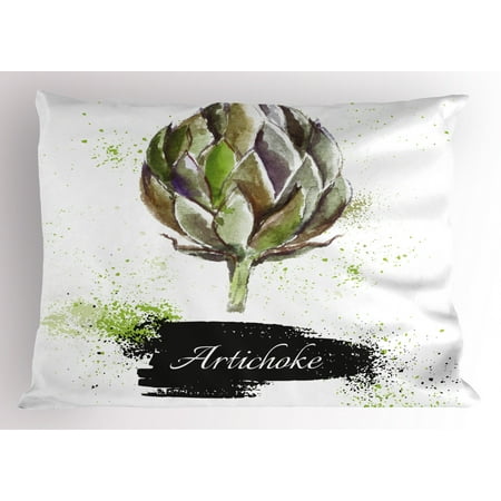 Artichoke Pillow Sham Hand Drawn Delicious Fresh Vegetable Healthy Menu Good Eats Super Food, Decorative Standard Queen Size Printed Pillowcase, 30 X 20 Inches, Fern Green and Black, by