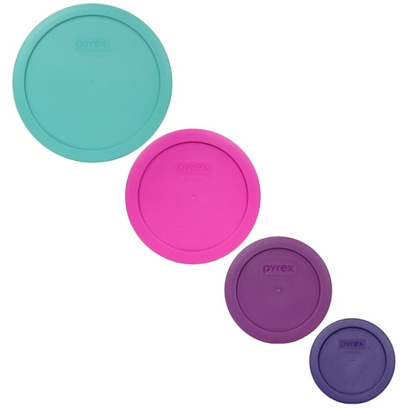 Pyrex 7402-PC Turquoise, 7201-PC Pink, 7200-PC Thistle Purple, and 7202-PC Plum Purple Lid Covers
