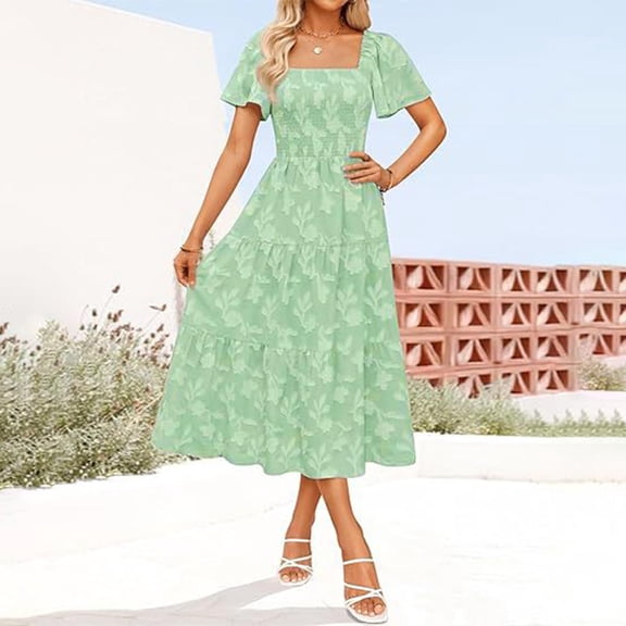 Taylonsss Womens Summer Dress Boho Floral Ruffle Sleeve Square Neck Midi Short Sleeve Beach Vacation Outfit