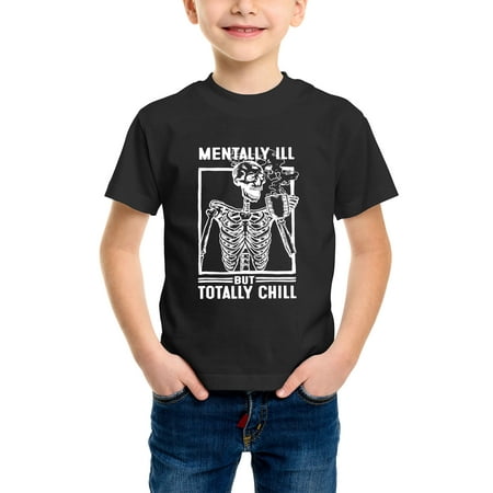 

Envmenst Boys Short Sleeve T-Shirt Skeleton Mentally ill But Totally Chill Skeleton Drink Coffee Skeleton LoverCotton Unisex Tee