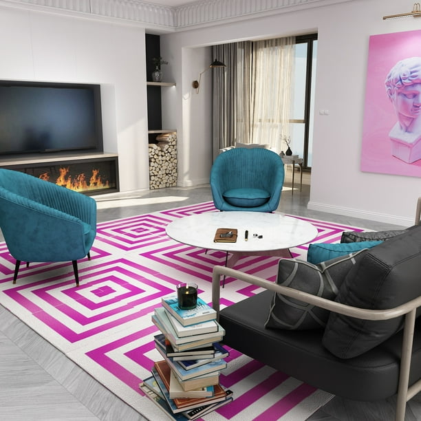 Artyzio Modern Geometric Area Rug Tile, Adhesive Carpet Squares, Pink