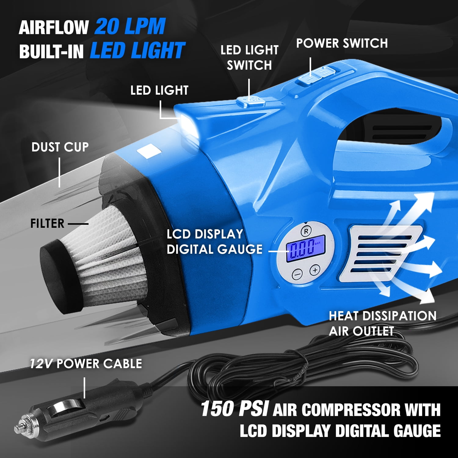 DNA Motoring For Blue LED Light Mini Handheld Air Compressor Pump Corded Car Vacuum Cleaner Cleaning Kit