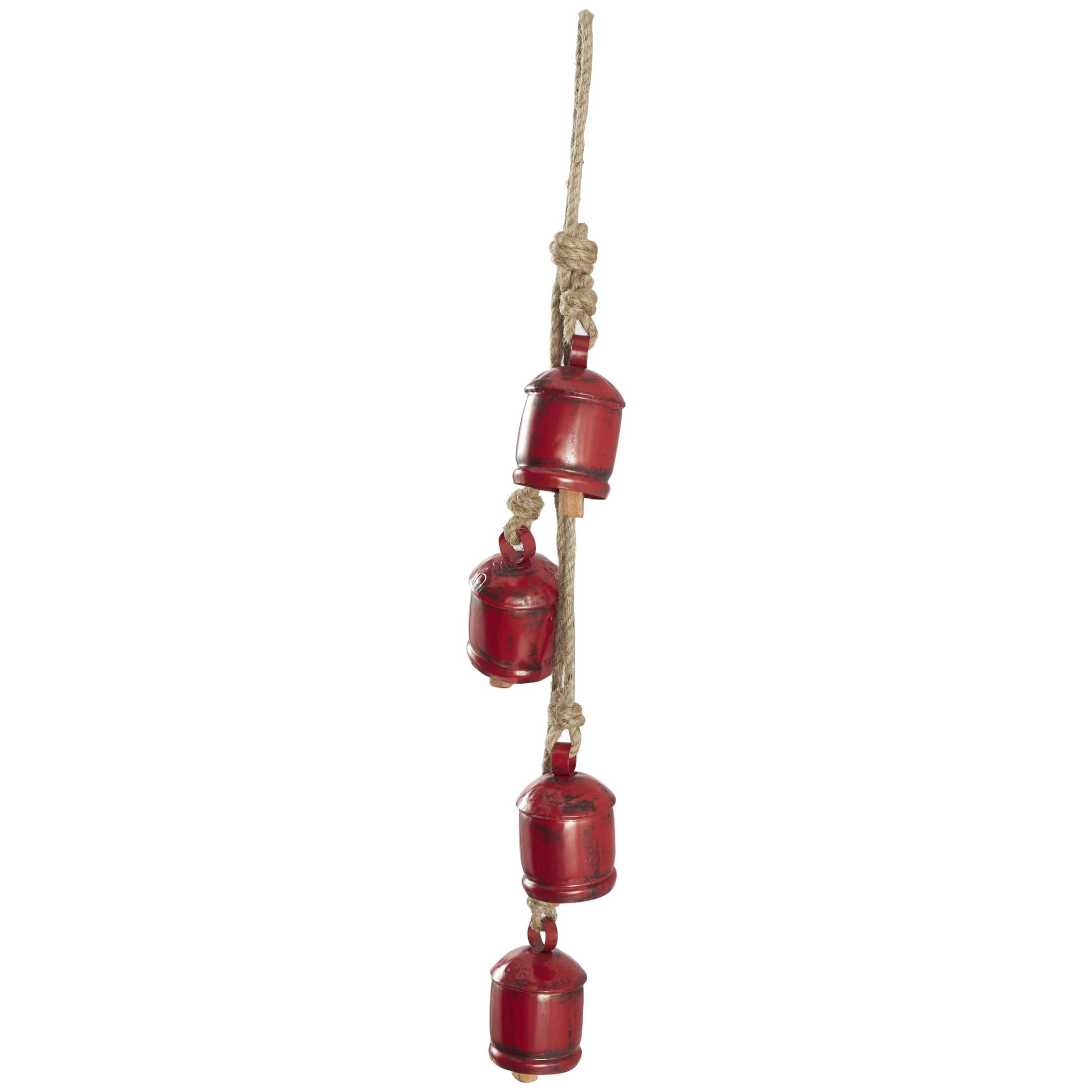 DecMode Tibetan Inspired Cascading Red Metal Cylindrical Decorative Cow Bells with 4 Bells on Jute Hanging Rope