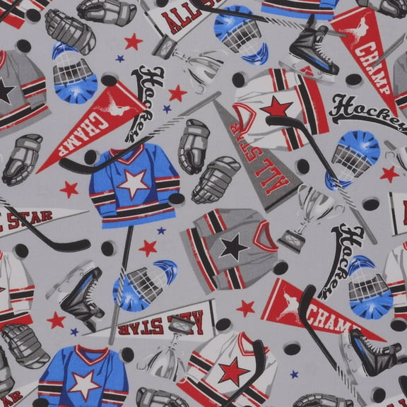 Cotton Hockey Gear Ice Hockey Sticks Pucks Helmets Skates Gloves Gear Equipment on Gray Sports Cotton Fabric by the Yard (91690)