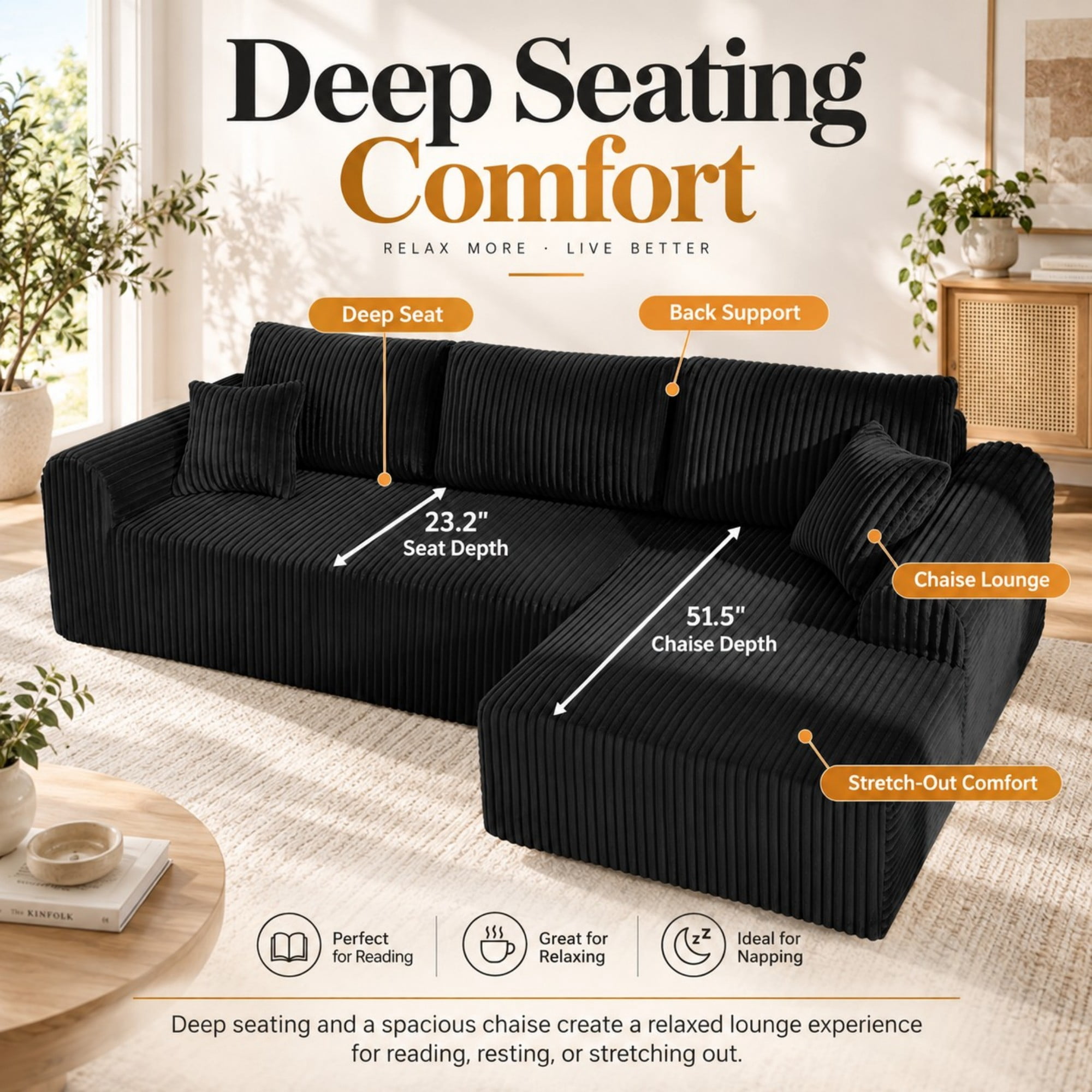 DEALTOPS 109" Corduroy L-Shape Floor Cloud Couch, Deep Seat Modular Sectional Sofa, Right Chaise, Black