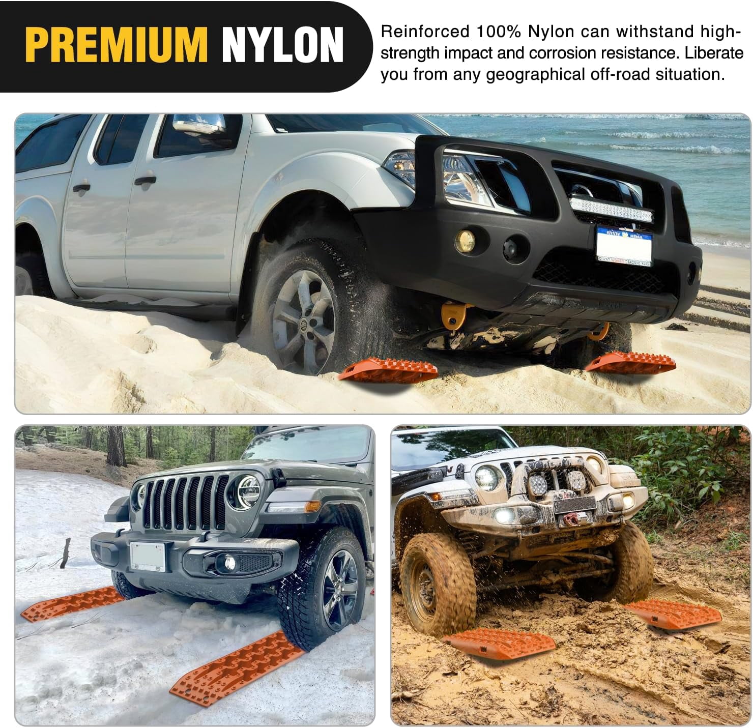 Nilight Recovery Off-road Traction Boards Emergency Tire Mats For 4WD 4X4 Mud Sand Snow with 2PCS Mounting kit Zipper Bag 2 leashes (Orange)