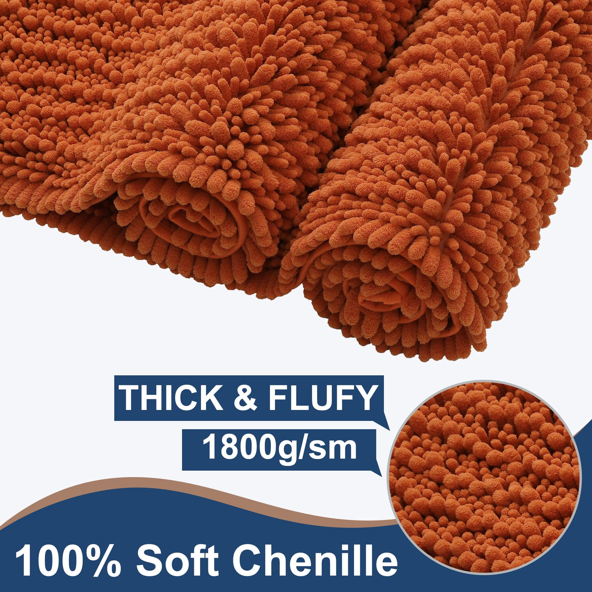 Luxury Chenille Burnt Orange Bathroom Rugs Bath Mats Sets, Extra Soft and Absorbent Bathroom Rugs Non Skid Machine Wash Dry Bath Mats(32"x20" Plus 17"x24")