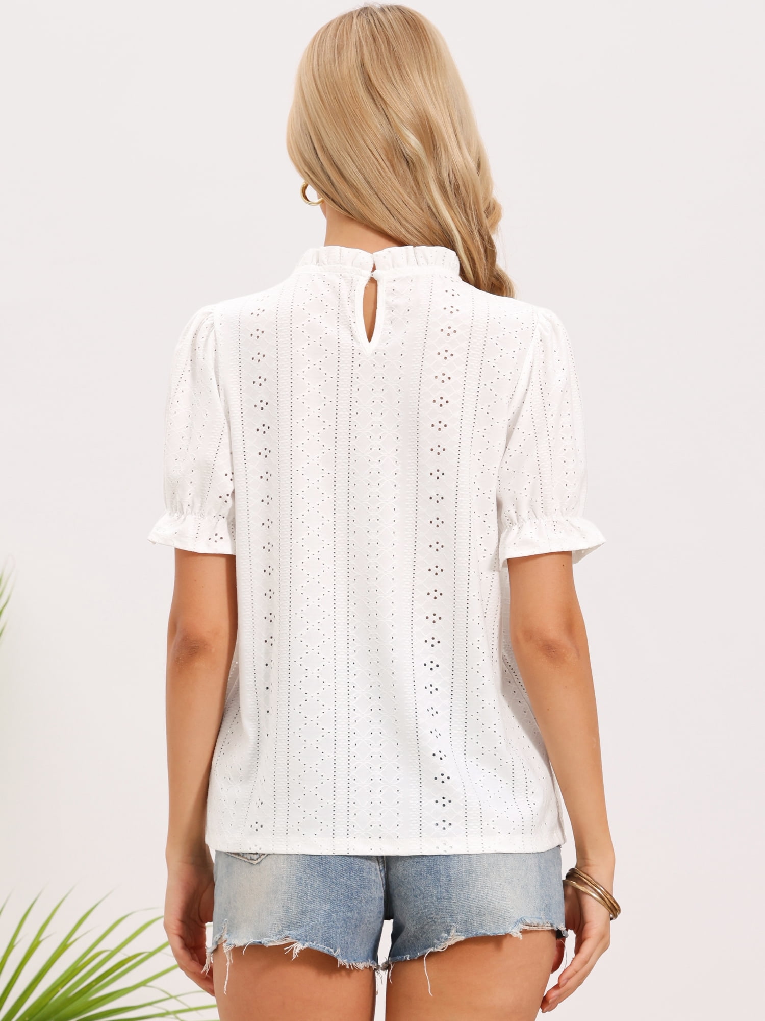 DARING DIVA Women's Embroidered Eyelet Casual Hollow Out Ruffled Collar Blouse S White