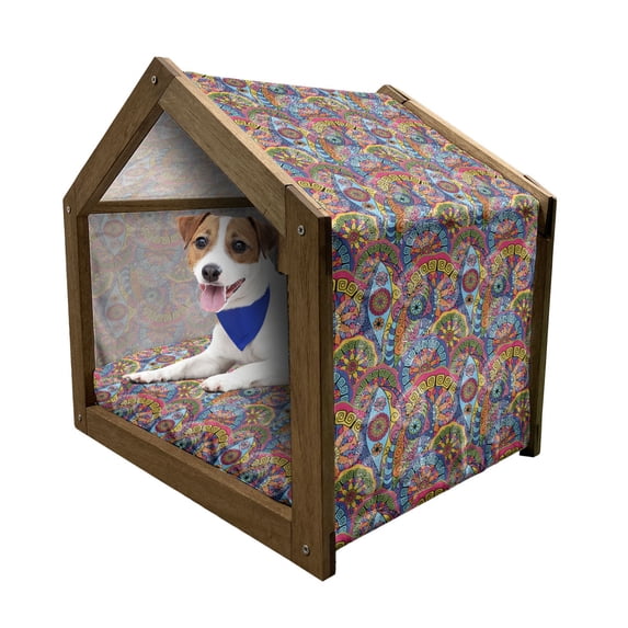 Floral Pet House, Hippie Style Abstract Blooms with Aztec Tribal Antique Geometric Pattern Trippy Boho, Outdoor & Indoor Portable Dog Kennel with Pillow and Cover, 5 Sizes, Multicolor, by Ambesonne
