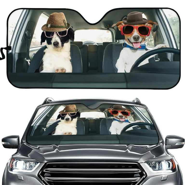 Hapeisy Dog Driving Funny Cat Car Front Windshield Sun Shade, Truck Pickup  SUV Visor Blocks UV Rays Keep Your Vehicle Cool，27*57inch