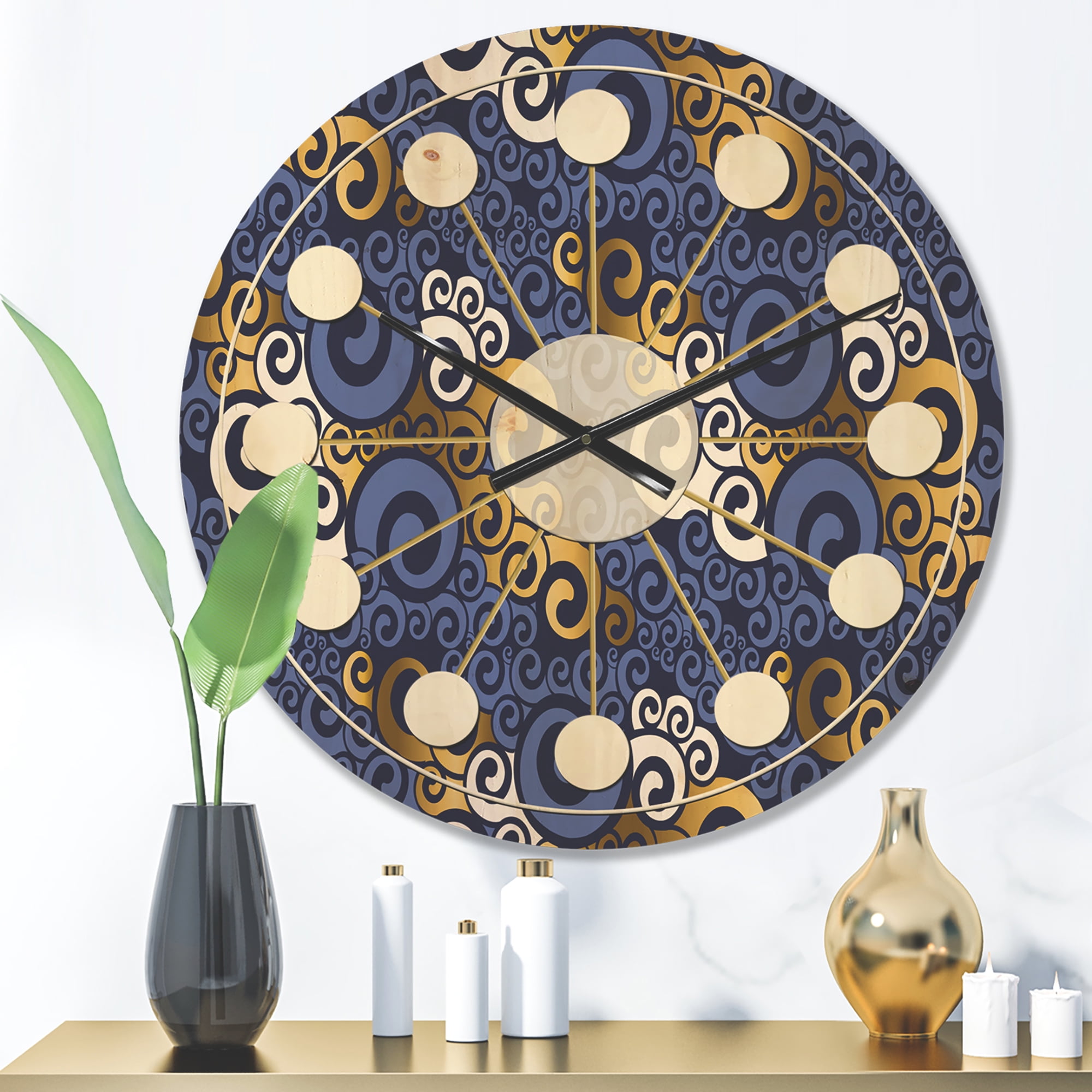 Designart 'Retro Luxury Waves In Blue and Gold III' Mid-Century Modern Wood Wall Clock