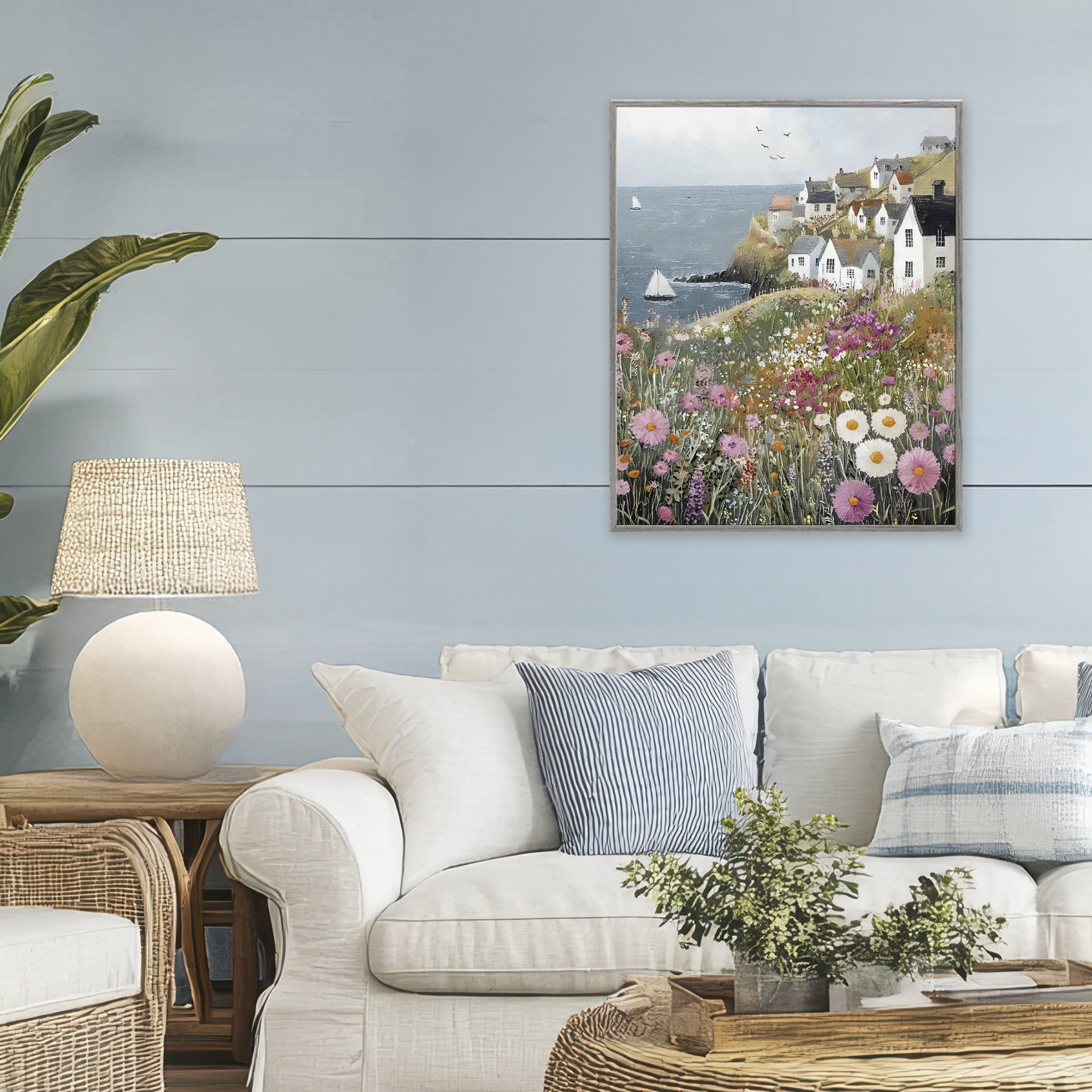 Stupell Industries Pink Meadow Overlooking Sailboats Gray Framed Giclee Art, design by Riley B