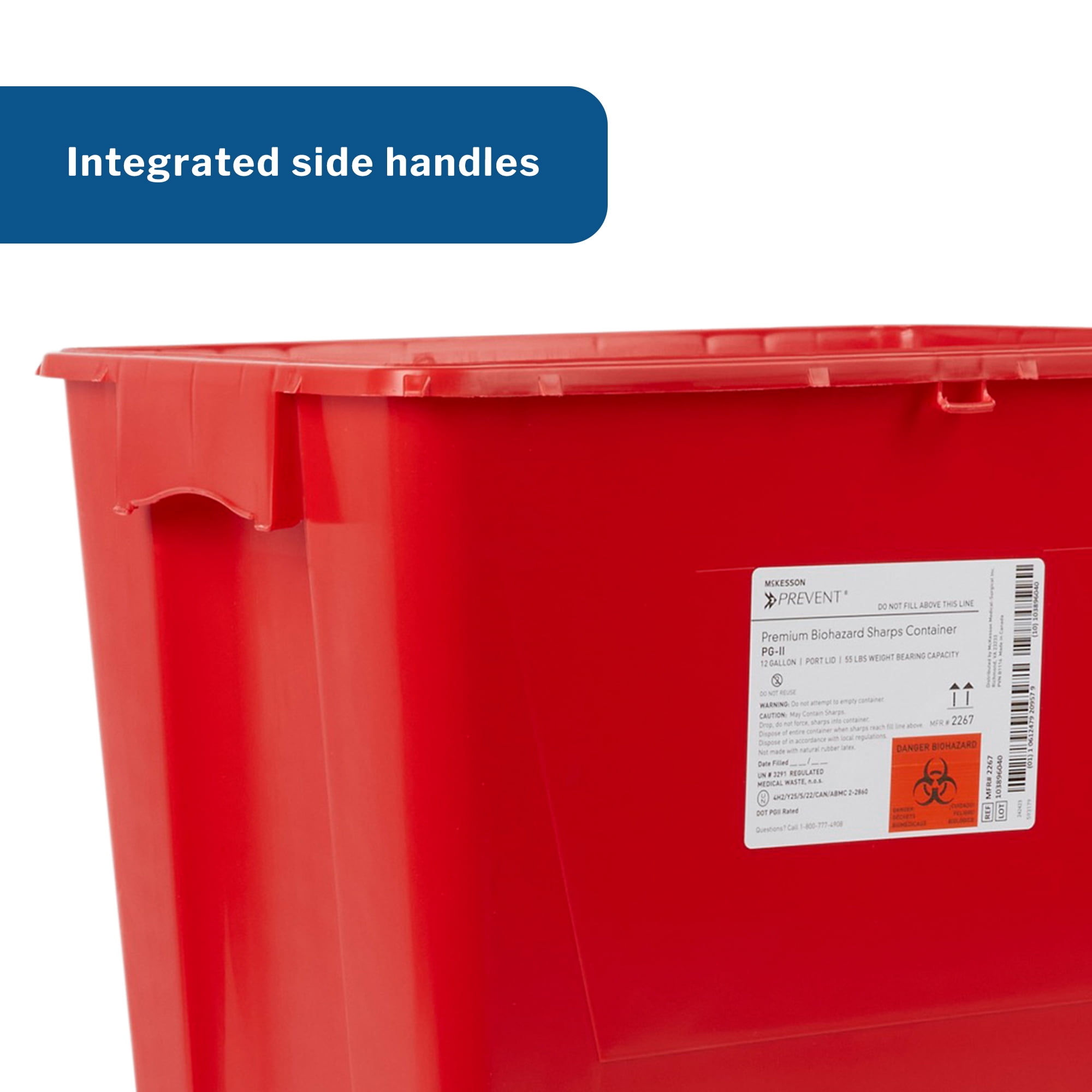 McKesson Prevent Biohazard Sharps Container, Premium - PG-II, Plastic, Vertical Entry, Rotating Lid - Red, 12 gal, 13 in x 17 3/10 in x 20 4/5 in, 1 Ct