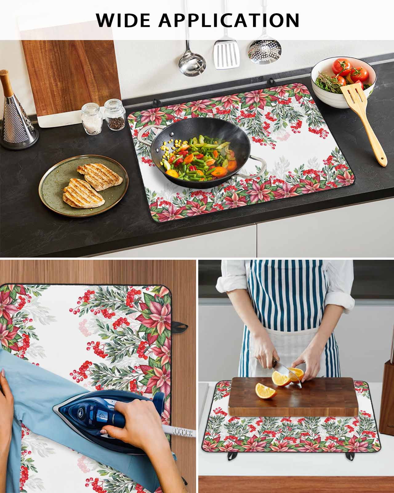 Large Induction Cooktop Protector Mat Red Christmas Stove Top Covers for Electric Stove, Poinsettia Berry Xmas Botanical Decorative Stove Burner Cover Mats, Glass Top Stove Cover