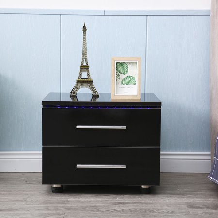Wuzstar Modern High Gloss Nightstand Remote Control 2 Drawers Bedside End Table w/RGB LED Light 21.7x14.6x19.7  Black