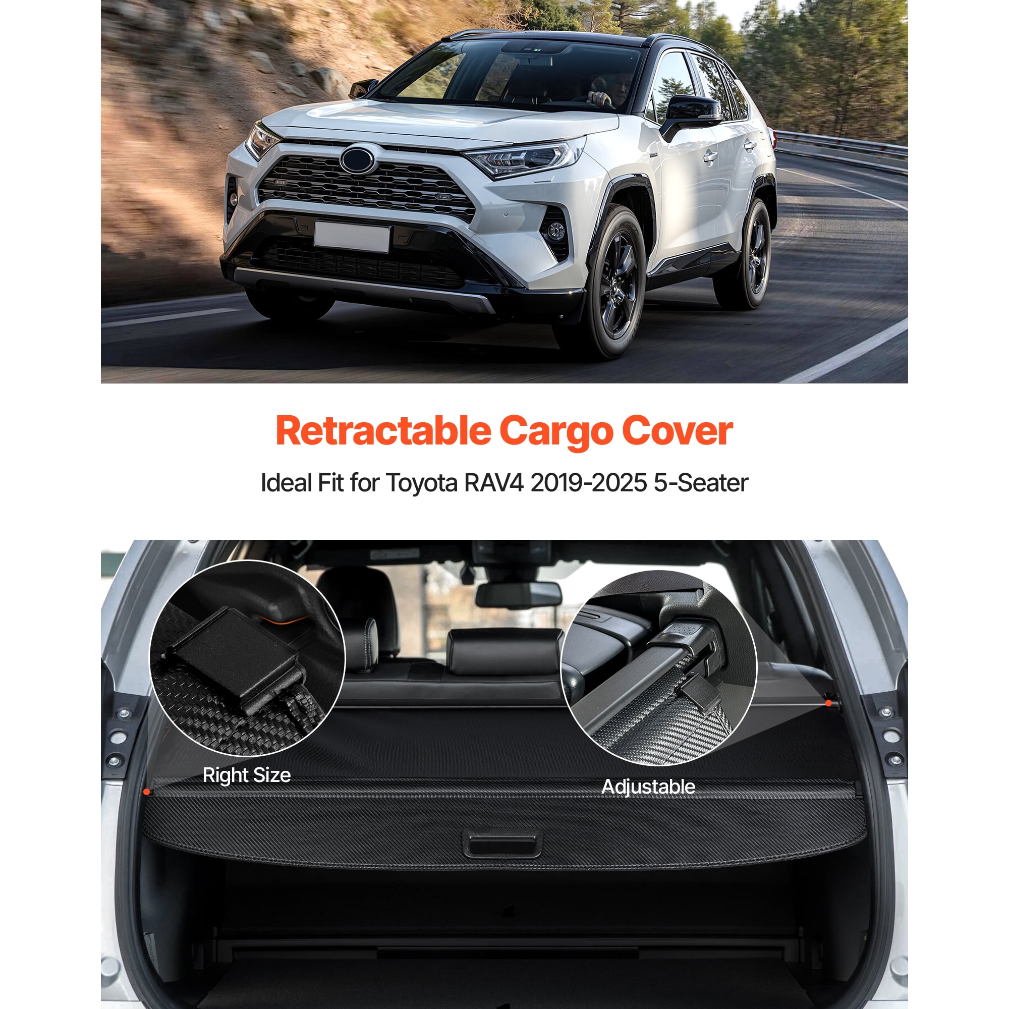 KFFKFF Retractable Cargo Cover, Carbon Fiber-Style Trunk Privacy Shield, Anti-Peeping Security Shade, Easy-to-Install Car Accessory, Compatible with Toyota RAV4 2019-2025 5-Seater