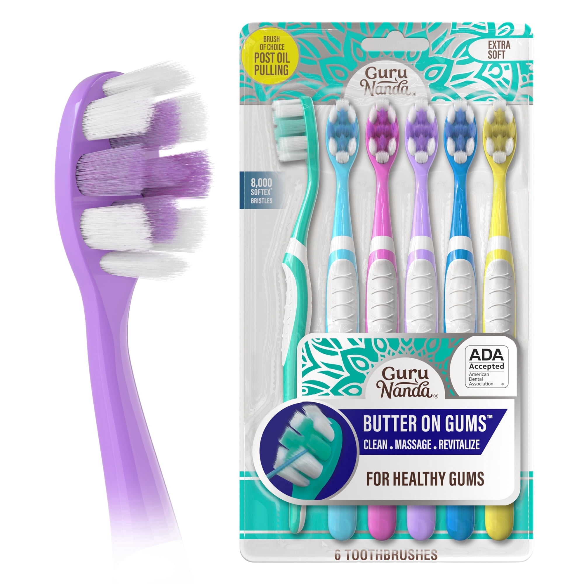 GuruNanda Butter on Gums Extra Soft Toothbrush, ADA Accepted, 6 Pack