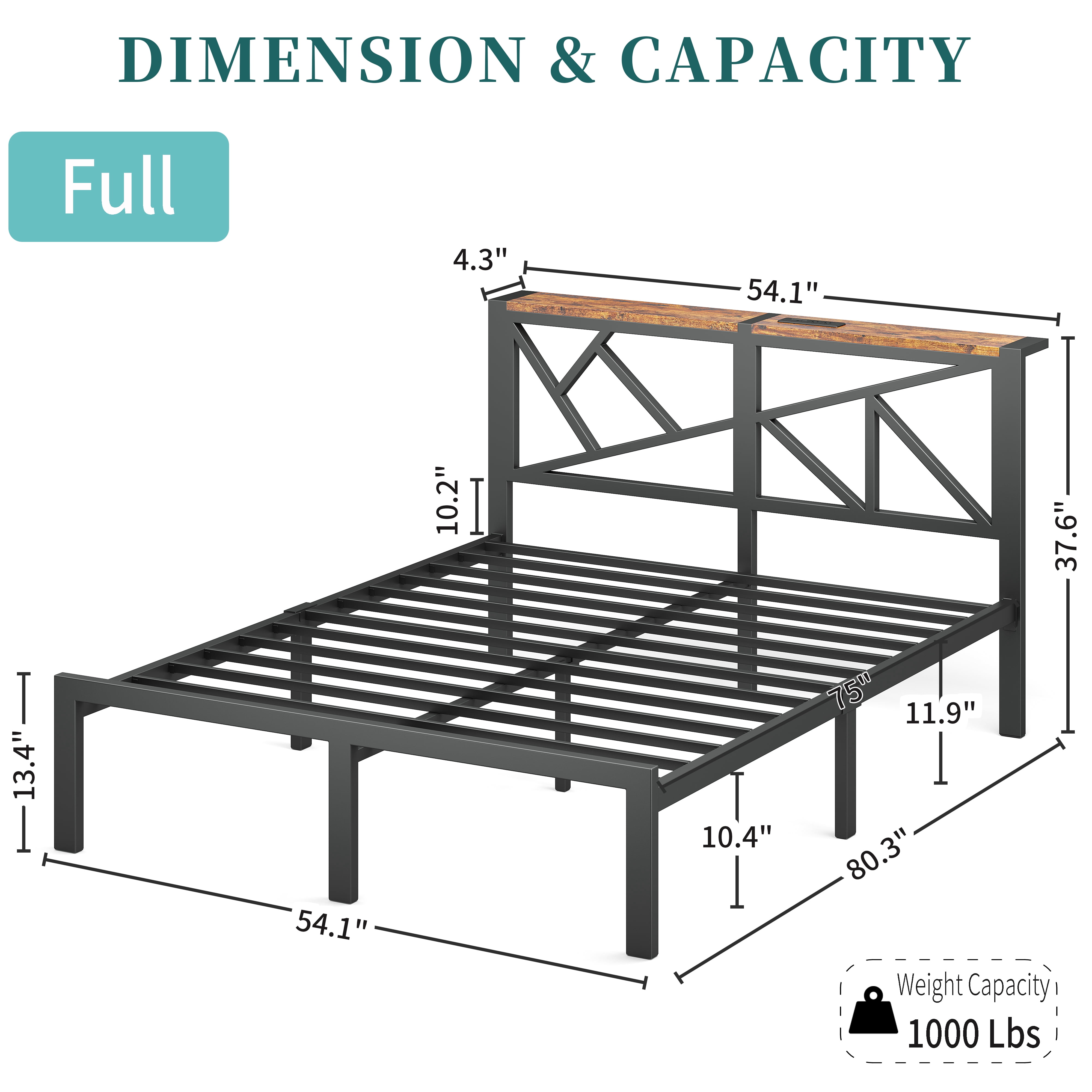 ChicZhiNest Full Size Bed Frame with Wooden Storage Headboard & LED Lighting, USB Charging Station, Stable Metal Bed Frame, Noise Free Design, Black
