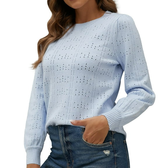 Bovemsi Sweaters for Women Cozy Women's Round Neck Solid Color Hollowed Out Core Spun Yarn Bottom Sweater With Long Sleeves Fall Sweaters