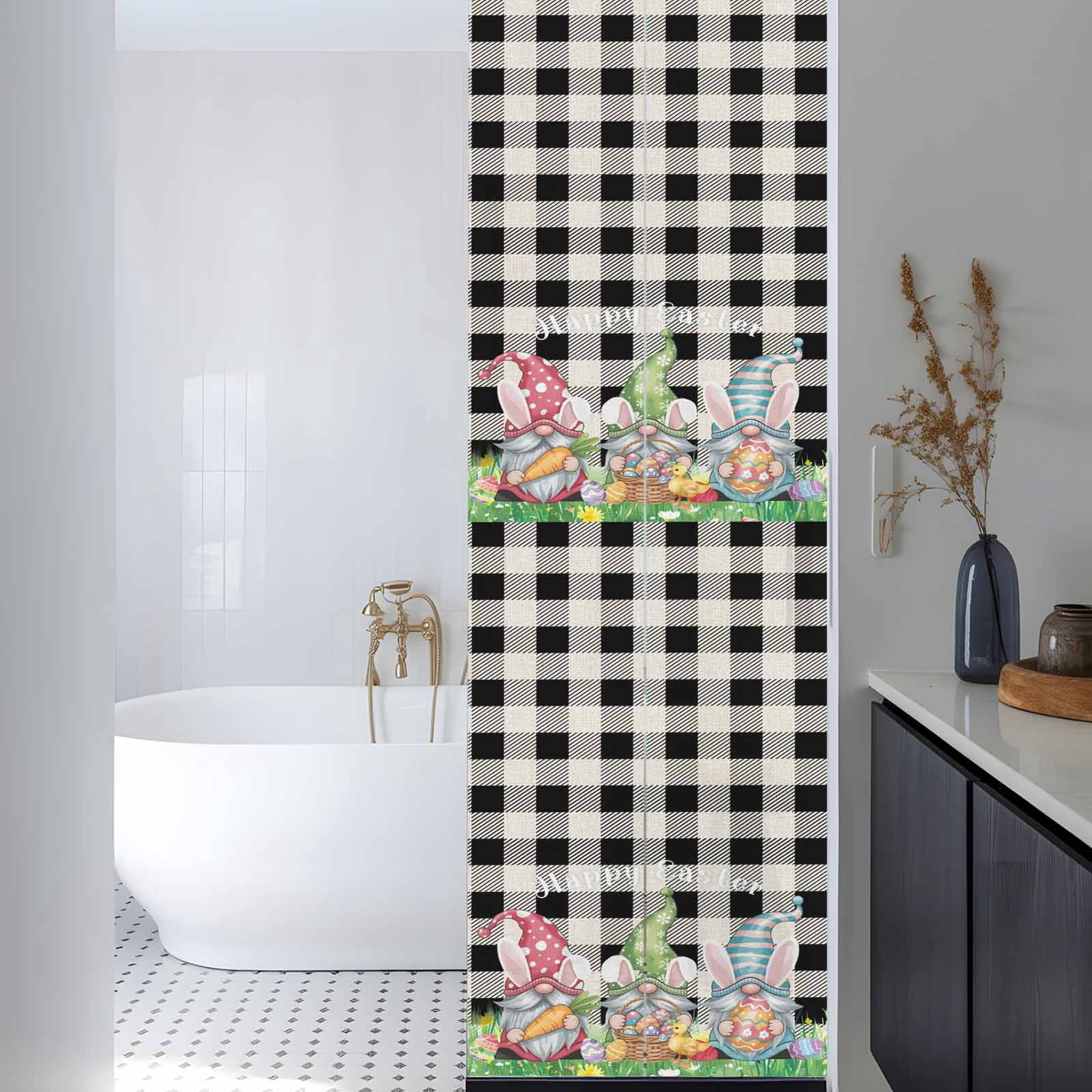 Happy Easter Window Privacy Film, Watercolor Gnomes Colorful Eggs Floral Greenery Black Plaid Frosted Glass Window Clings Static Cling UV Heat Blocking Reusable Sticker for Bedroom 17.7x78.7 Inch