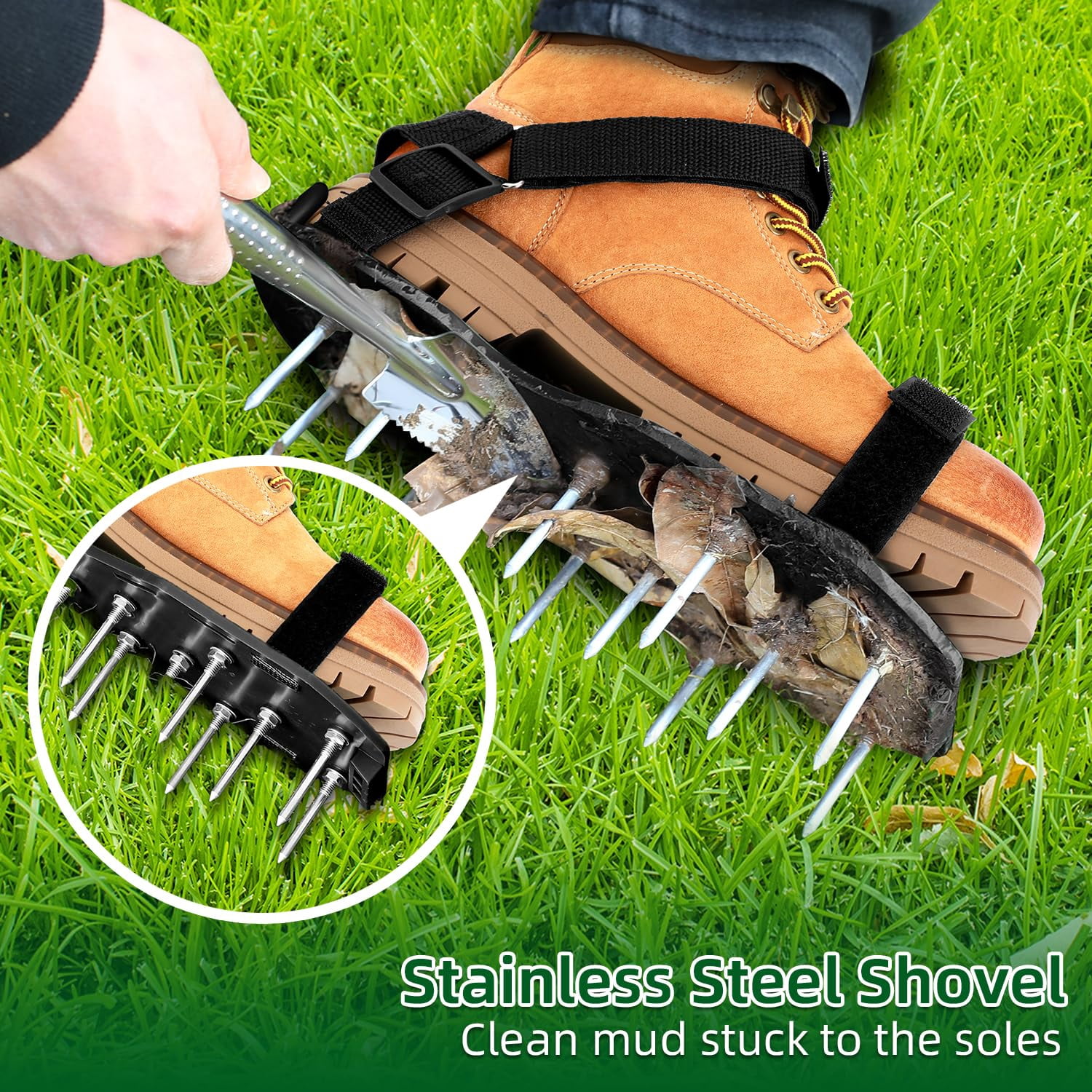 Lawn Aerator Shoes With Stainless Steel Shovel  Free-installation Aerating Shoe Hook&loop Straps Heavy Duty One-size-fits-all Spiked Sandals For Garden Grass