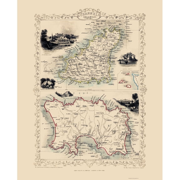 Historic Map - Channel Islands Great Britain - Tallis 1851 - 23 x 28.45 - Vintage Wall Art