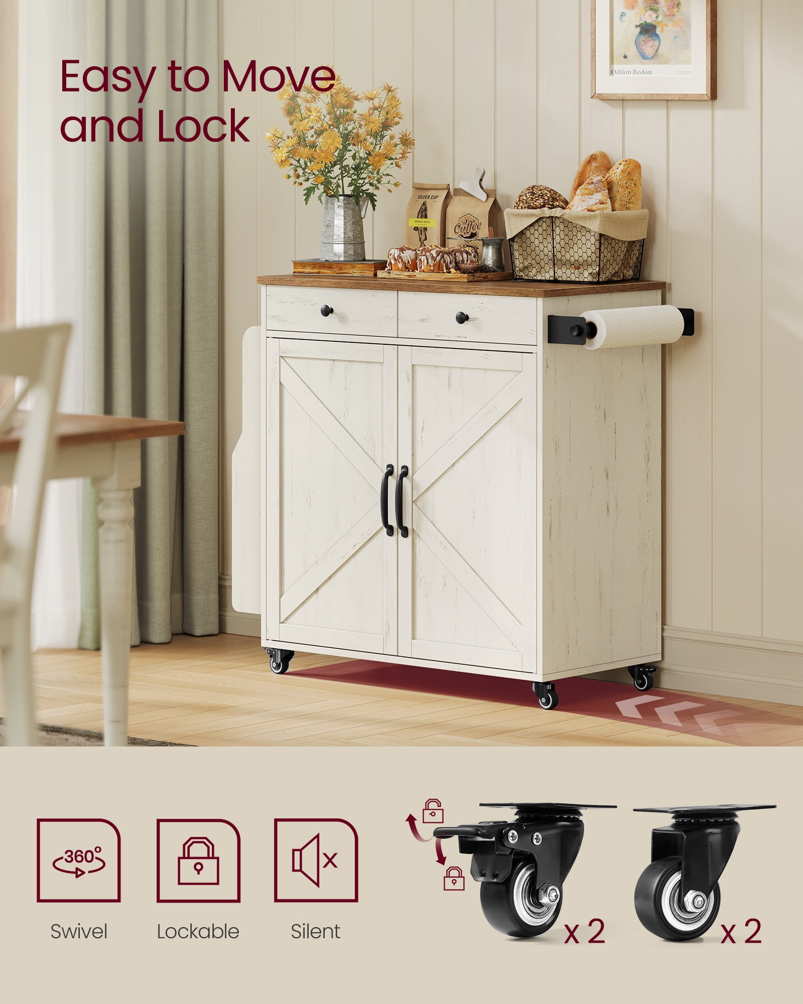 VASAGLE Mobile Kitchen Island,Portable Island with Spice Rack,Mobile Cart with Storage Cabinet,17.7 x 36.5 x 36 Inches,Rustic White and Honey Brown