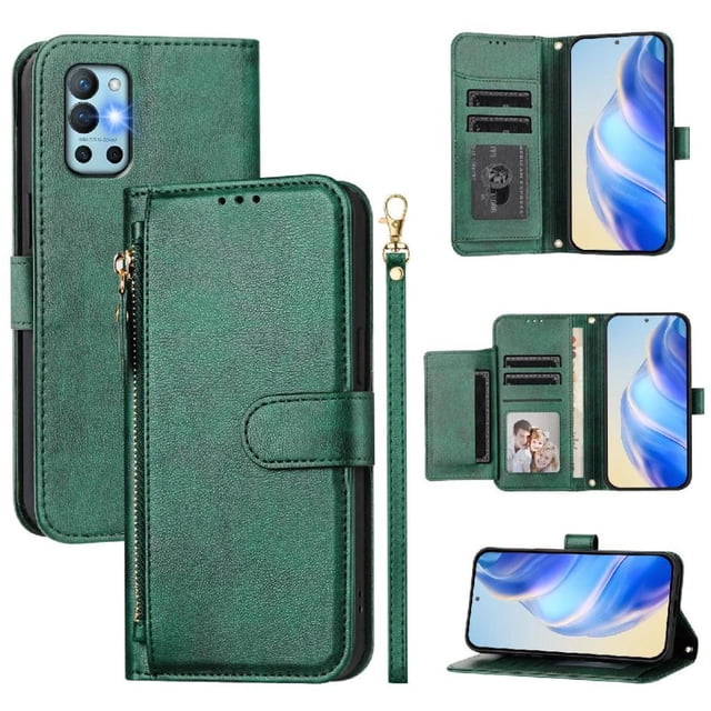 Filp Case for OnePlus 8T Zipper Pocket Magnetic Flip Wallet Phone Case with 7 Card Slots and Wrist Strap