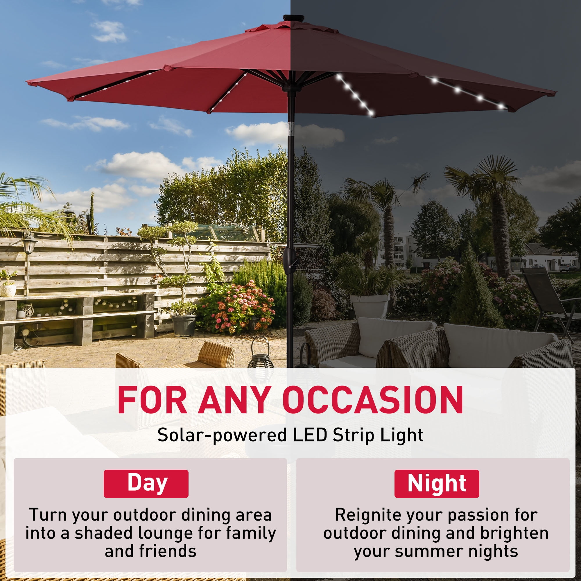 Ainfox 10ft Patio Umbrella with lights, Outdoor Table Sun Shade Umbrellas with Push Button Tilt/Crank, 8 ribs,Wine Red
