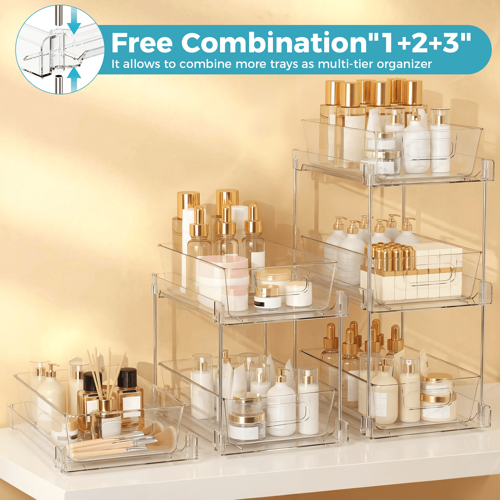4 Pack Clear Pull Out Under Sink Organizer and Storage Bins, 2-Tier Sliding Cabinet Drawer Container for Kitchen, Bathroom and Pantry Organization