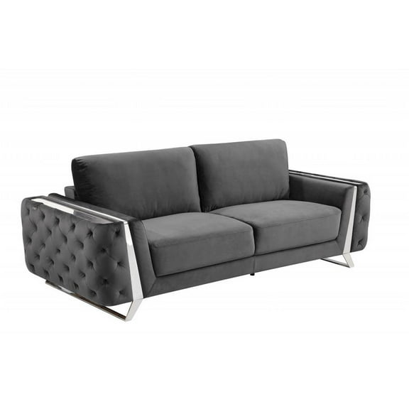 90" Dark Gray Velvet And Chrome Stainless Steel Standard Sofa