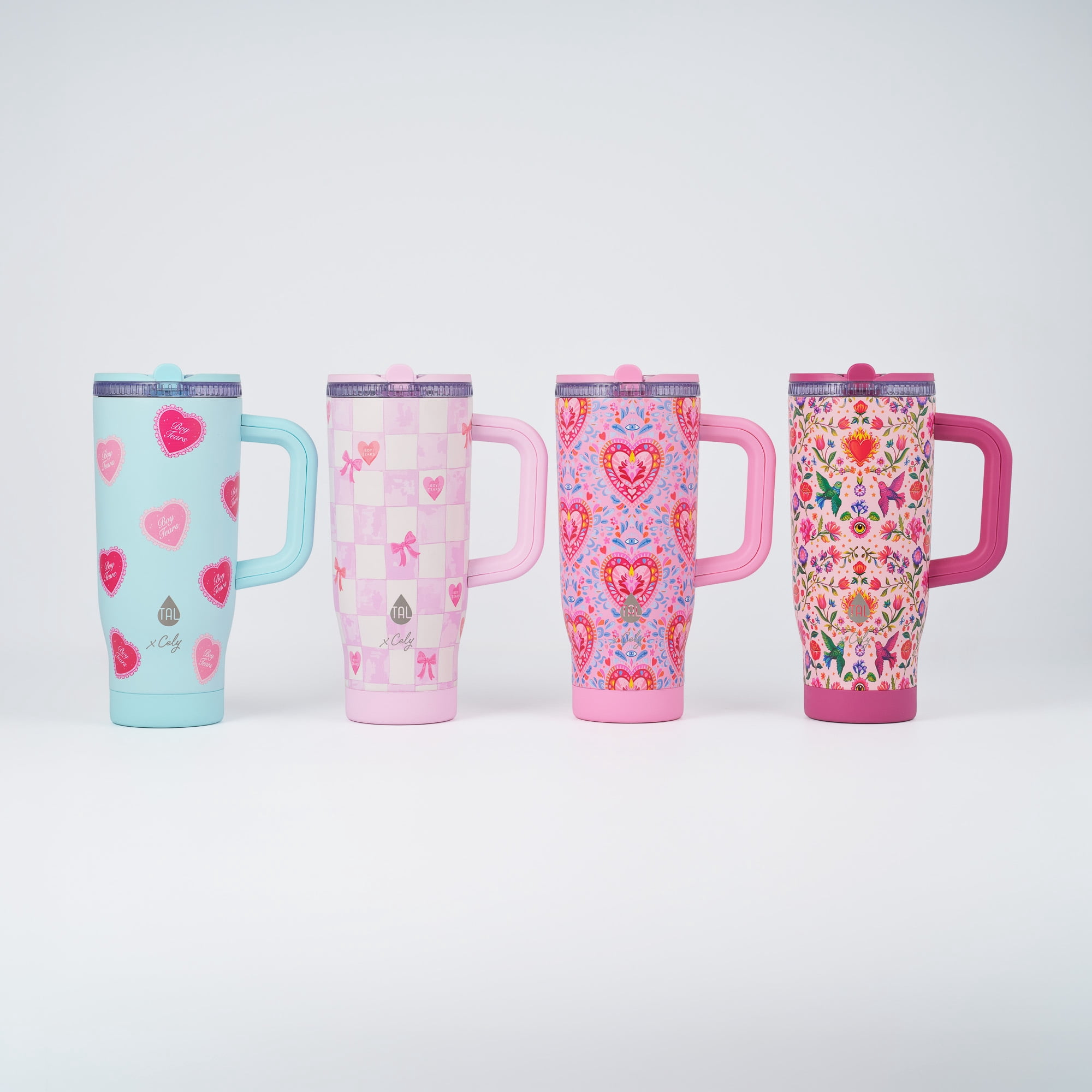 Cely x TAL 32oz Stainless Steel Skye Tumbler with Handle and Fip-up Straw, Pink Checkered