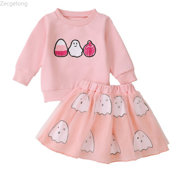 Zecgelong Baby Print Top and Mesh Skirt Set Fall Party Outfit for Girls Pink Size 0-18M