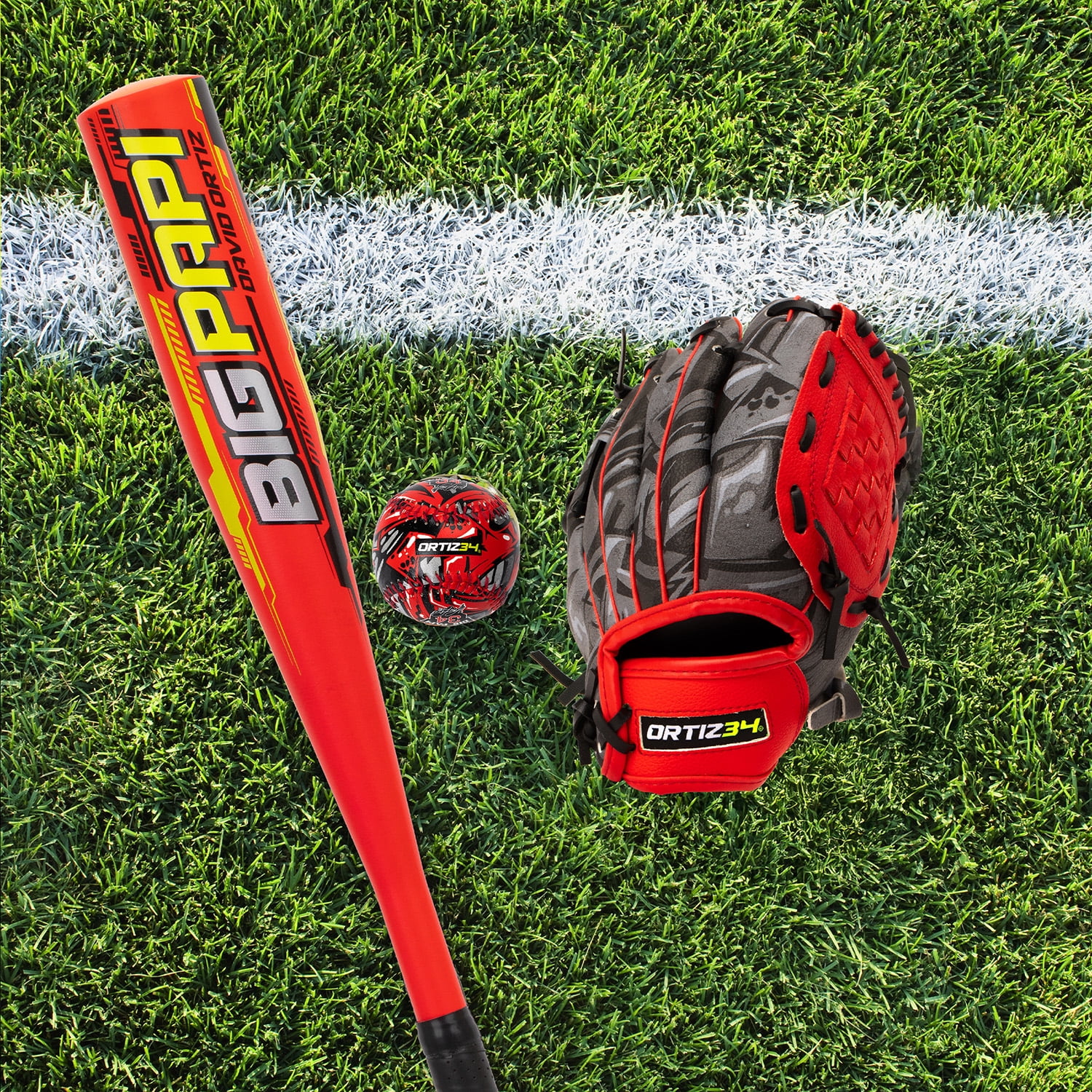 Ortiz34 Youth T-Ball Set, 25" Aluminum Bat (-10 Drop), Foam Core T-Ball, 9" Lightweight Glove, Graffiti Print