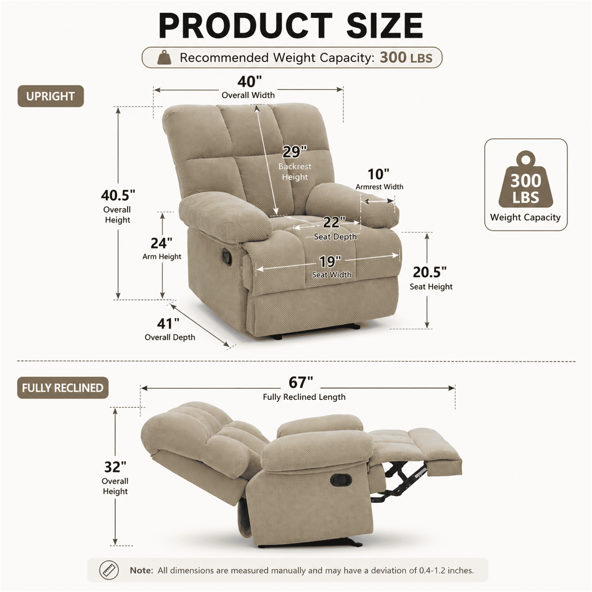 Homy Casa Overstuffed Rocking Recliner, Manual Fabric Chair with Footrest for Living Room, Beige
