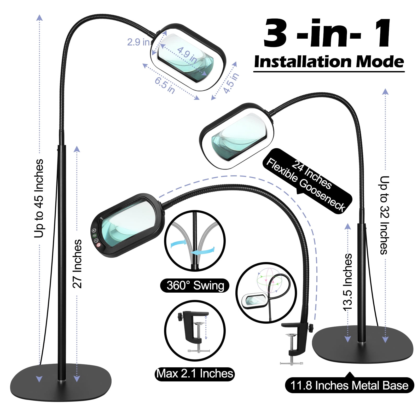 Veemagni Magnifying Glass with Light and Stand, Rectangular Real Glass Lens, 24" Flexible Gooseneck 3-in-1 Floor Lamp,5 Color Modes, Stepless Dimmable,  Hands Free for Craft Hobby Reading.