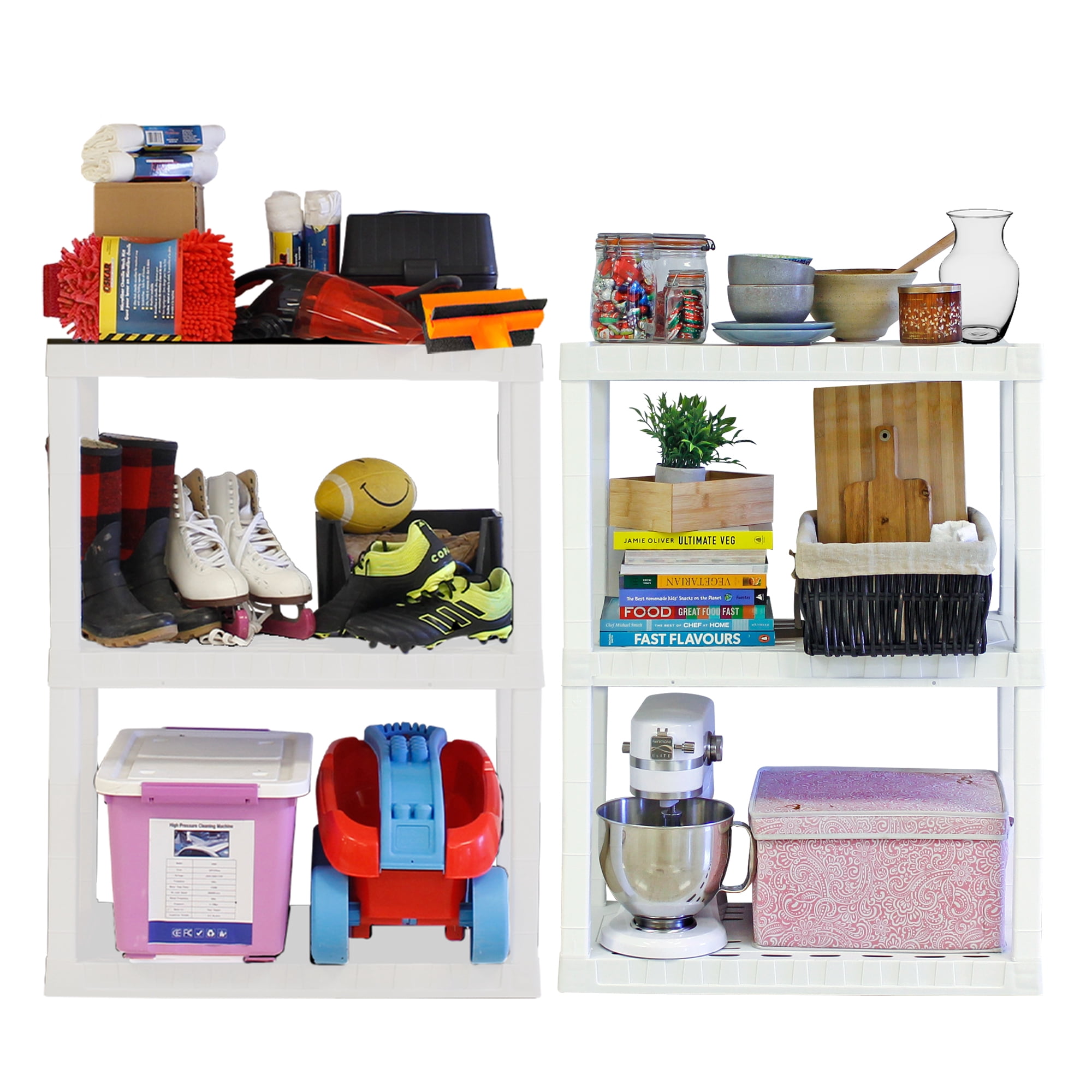 Hyper Tough Plastic Storage Shelves 3-Tier 2-Pack 39"H x 30"W x 14"D, White 300 lbs Capacity