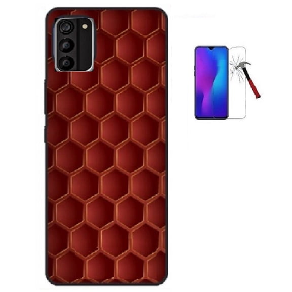 Phone Case for Nokia C300 N155DL, Silicone TPU Protective Phone Case with Tempered Glass (Dark Red Honeycomb)