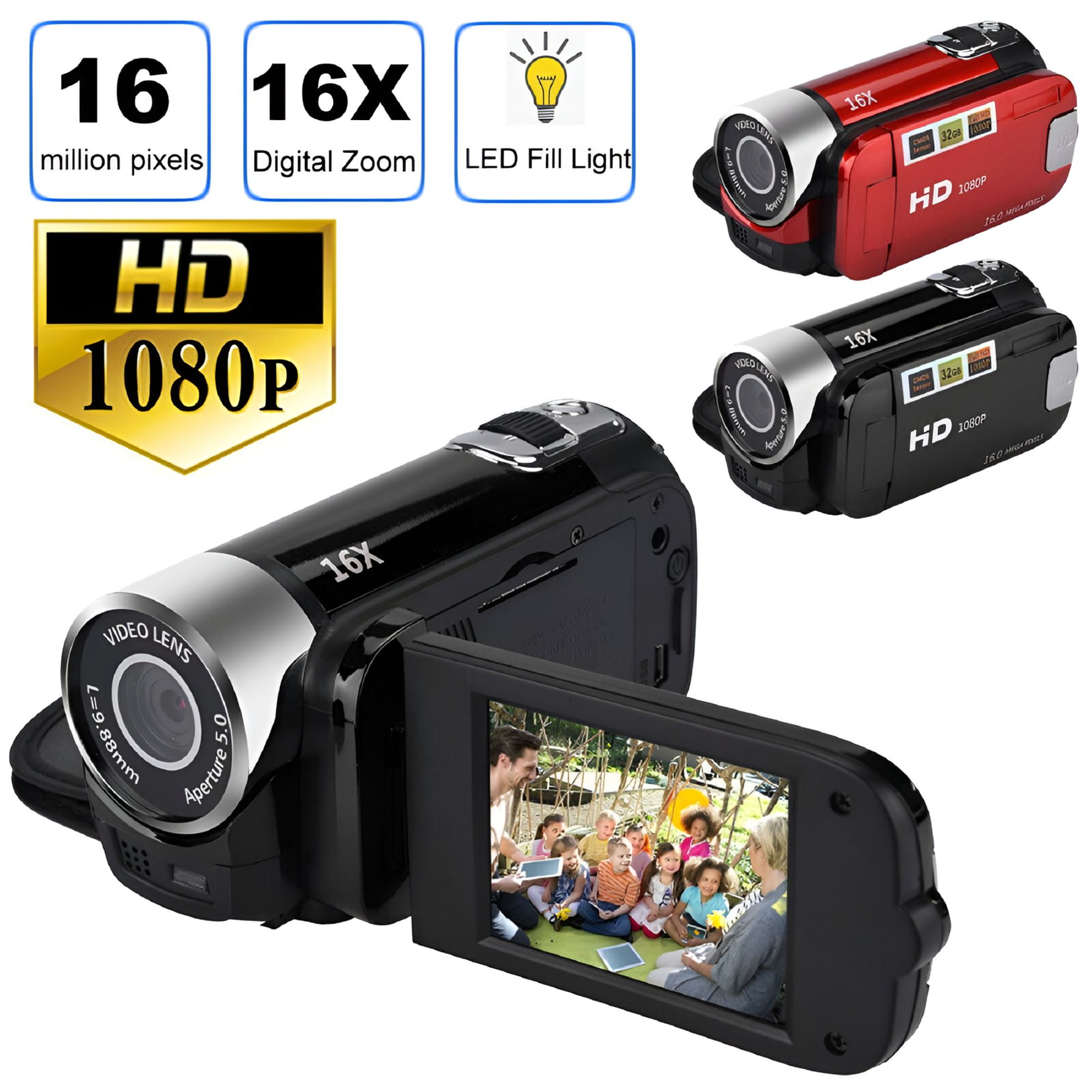 GJX Video Camera Camcorder, YouTube Camera for Vlogging Full HD 1080P 16X Zoom Digital Video Recorder for Outdoor/Home, Red