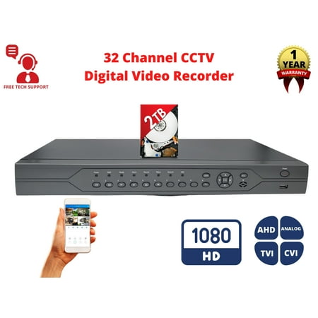 Evertech H.265 H.264 HD 32 Channel Surveillance Digital Video Recorder for AHD TVI CVI Analog Camera DVR with 2TB Hard Drive for 24/7 Recording for Security Systems, Remote Viewing, Email Alarm