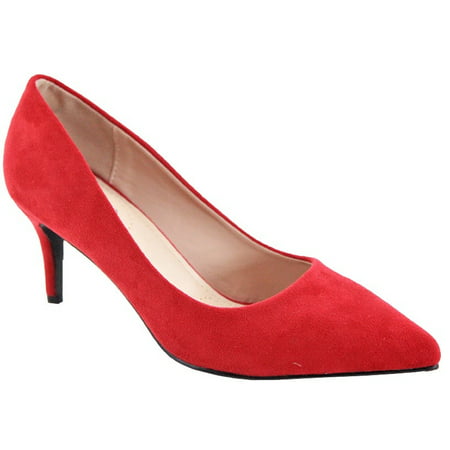 Marque-4 Women's Ladies Classic Fashion Pointed Pointy Closed Toe Faux Suede Low Mid Kitten Heels Slip On Casual Work Party Dress Pumps Shoes Red