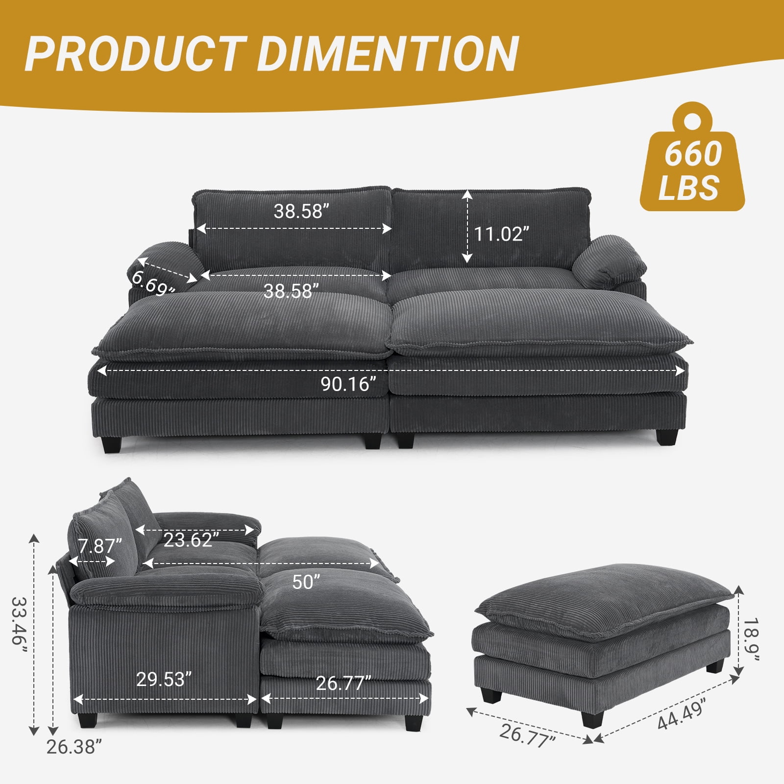Zimtown 90“ Sofa Bed Couch with Pillow Arms and Double Layer Cushions, Corduroy Loveseat Sofa with Removable Ottoman for Living Room, Gray