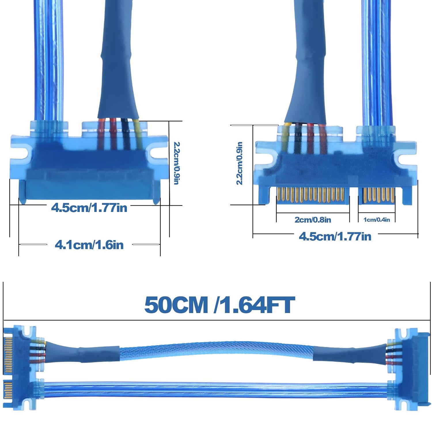 HRTGFD-22Pin SATA Power Extension Cable SATA 3.0 22 Pin 7+15 Pin Male to Female Data Power Combo Extension Cable for SSD,HDD,PCI Cards and Other Equipment -50cm -2pcs