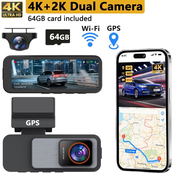 Gotomi Dash Cam Front and Rear, 4K 2K Dual Dash Camera for Cars, Dashboard Dashcam with Night Vision, Parking Monitor, WiFi, GPS,64GB Card Included