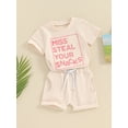thumbnail image 4 of Yunliwuli Toddler Girls Summer Shorts Sets Short Sleeve Letter Print Tops Solid Color Shorts Sets, 4 of 10