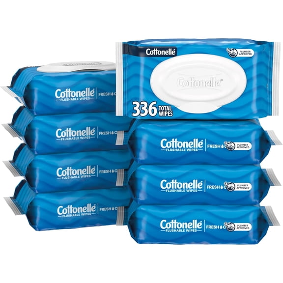 Fresh Feel Flushable Wet Wipes, Adult Wet Wipes, 8 Flip-Top Packs, 42 Wipes Per Pack (336 Total Wipes), Packaging May Vary