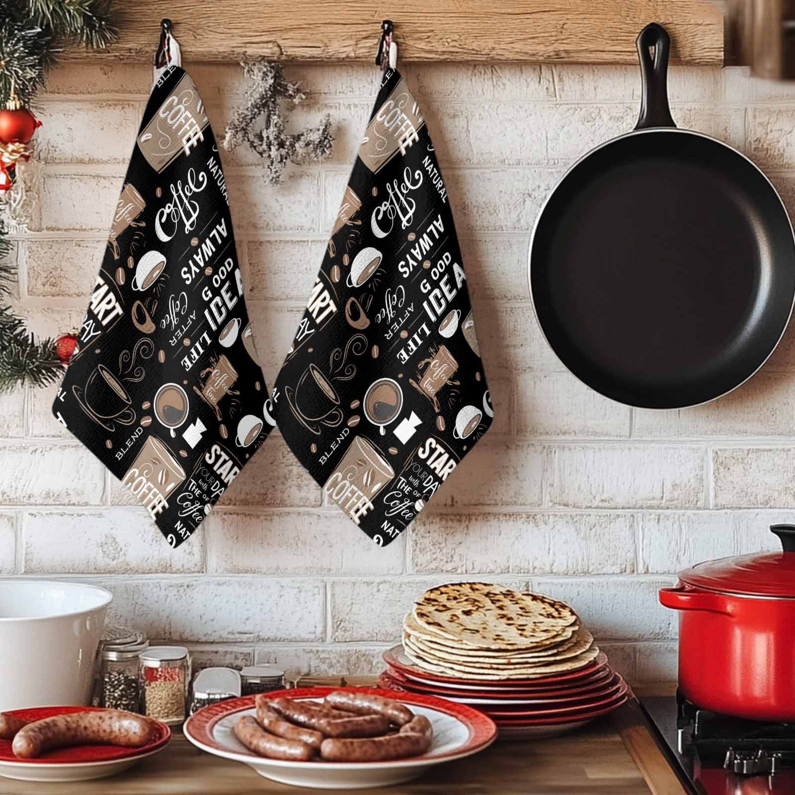 Coffee Black Kitchen Towels Set of 2, Brown Beans Cup Dessert Drink Monochrome Absorbent Dish Towels for Kitchen, Microfiber Hand Towel, Quick Drying Tea Towel for Cleaning Decorative Dishcloths