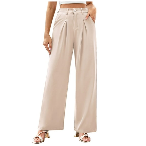 Efsteb Work Pants Women Button Baggy Pants Casual Trousers Pants for Women Business Casual Pants for Women Pants for Women Comfortable Wide leg Pants Solid Color Loose Trousers Beige L