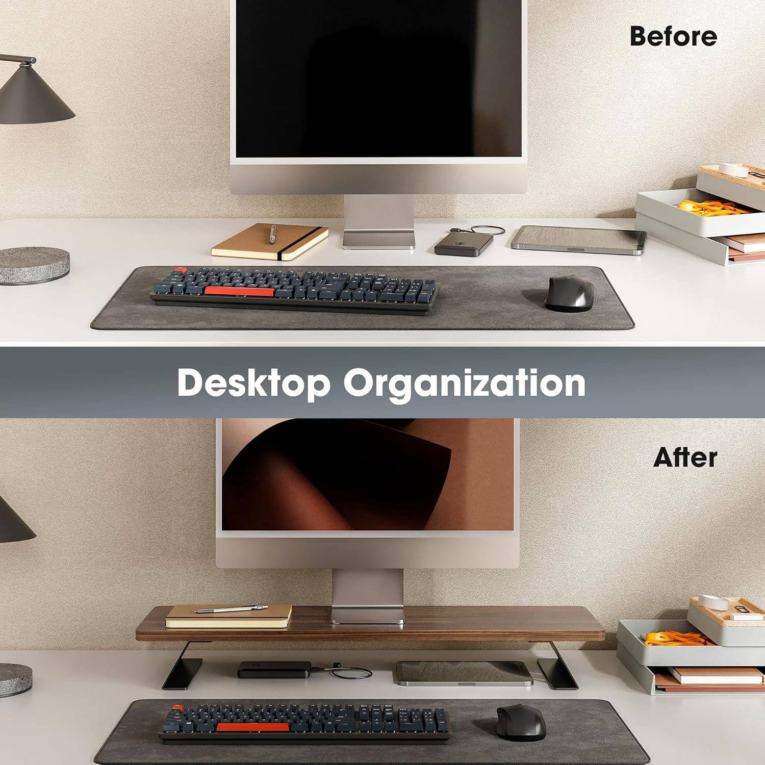 Wood and Steel Dual Monitor Stand Riser for Desktop, Laptop, PC, and Printer