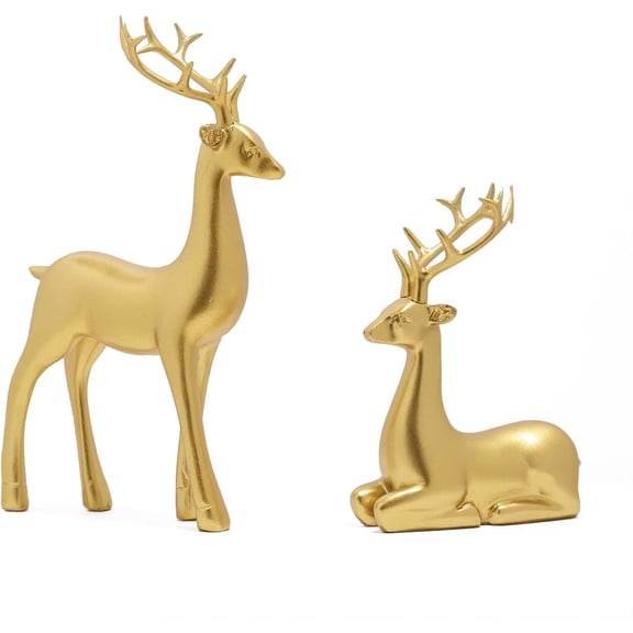 2Pcs Gold Christmas Reindeer Decor, Standing Sitting Deer Figurines, Mini Reindeer Statues Sculpture, for Indoor Home Cabinet Mantle Table Top Christmas Decorations